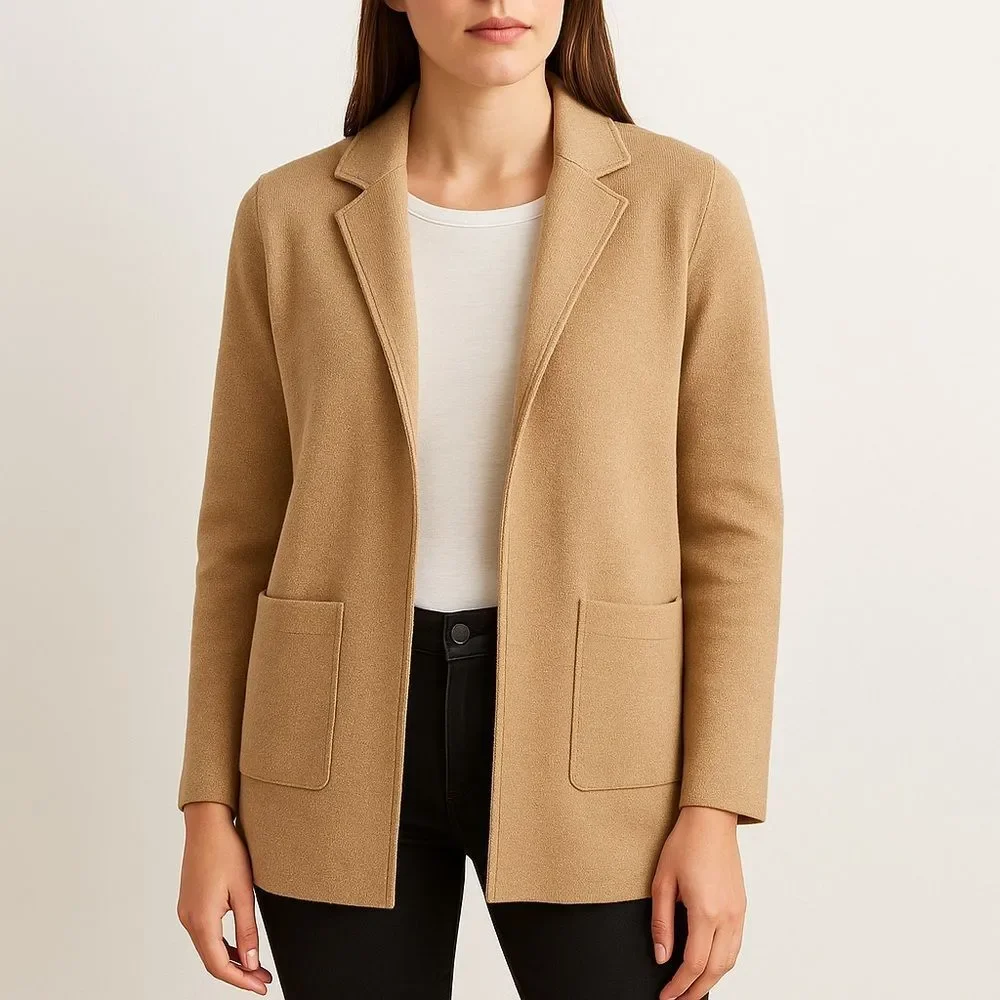 J. Crew Sophie Sweater Blazer Size Small Camel Tan Merino Wool Open Front Jacket